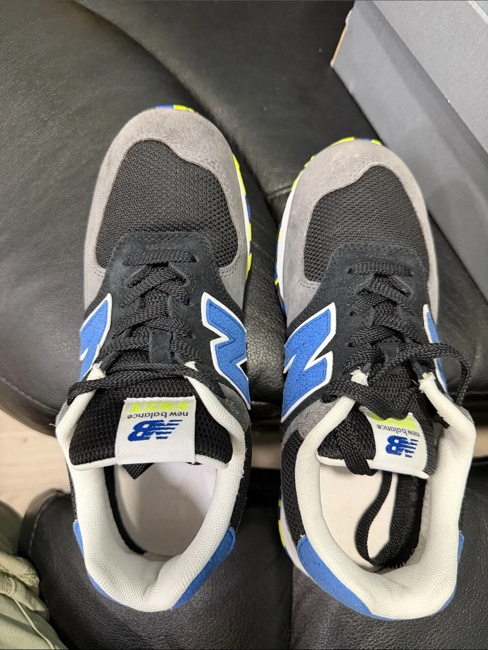 New Balance Kids Black, Gray & Blue Sneakers with Yellow Accent